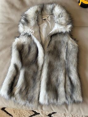 White House Black Market Silvery Gray Fur Vest Collared Style